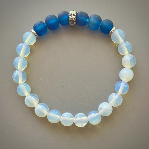 Dark Blue Sea Glass and White Opalite Handcrafted Beaded Bracelet - Picture 3 of 4